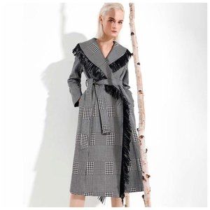 Houndstooth Microfiber Fringe Long Jacket